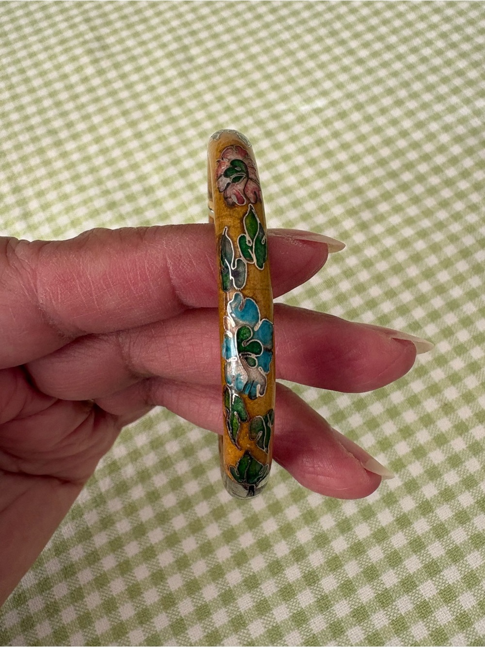Handcrafted Floral Cloisonné Bangle Bracelet in Yellow and Green